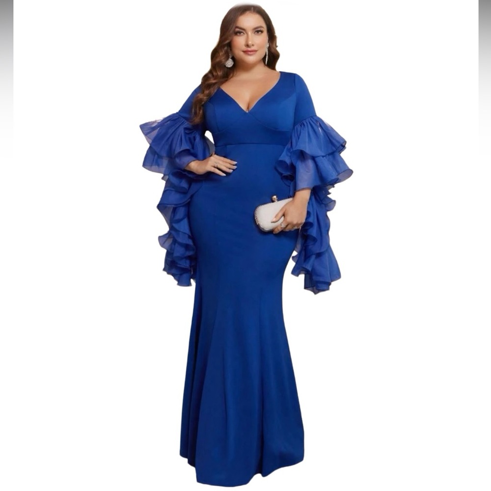Blue Mermaid Formal Ruffle Sleeve Evening Dress